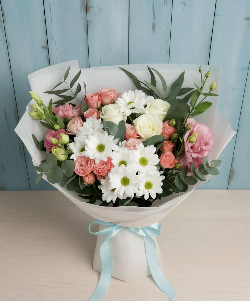 Букет цветов из: Розы, Лизиантусы и Хризантемы в Нижнее Казанище