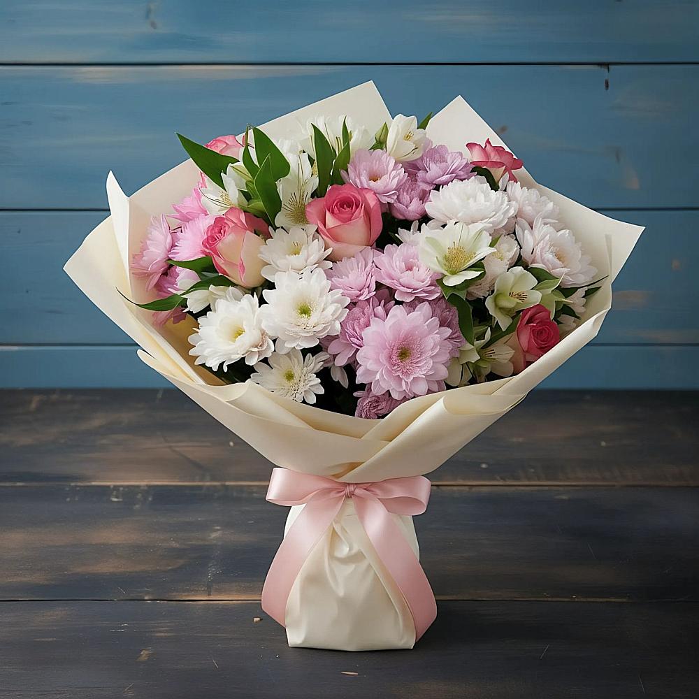 Букет цветов из: Хризантемы, Альстромерии и Розы в Нижнее Казанище